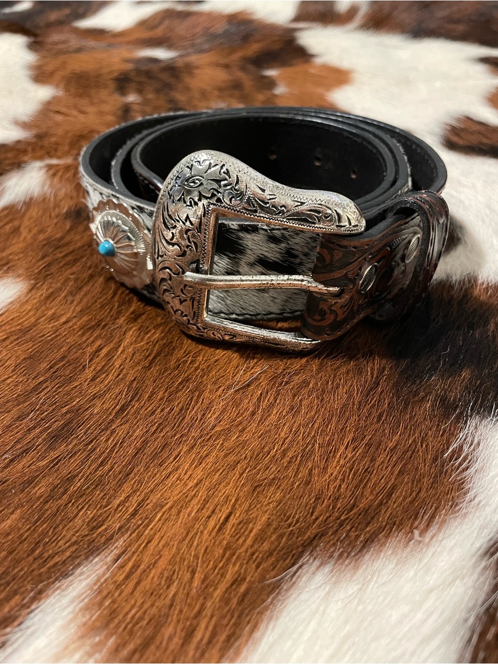 Western Concho Leather Belt with Hair-on Hide Accent